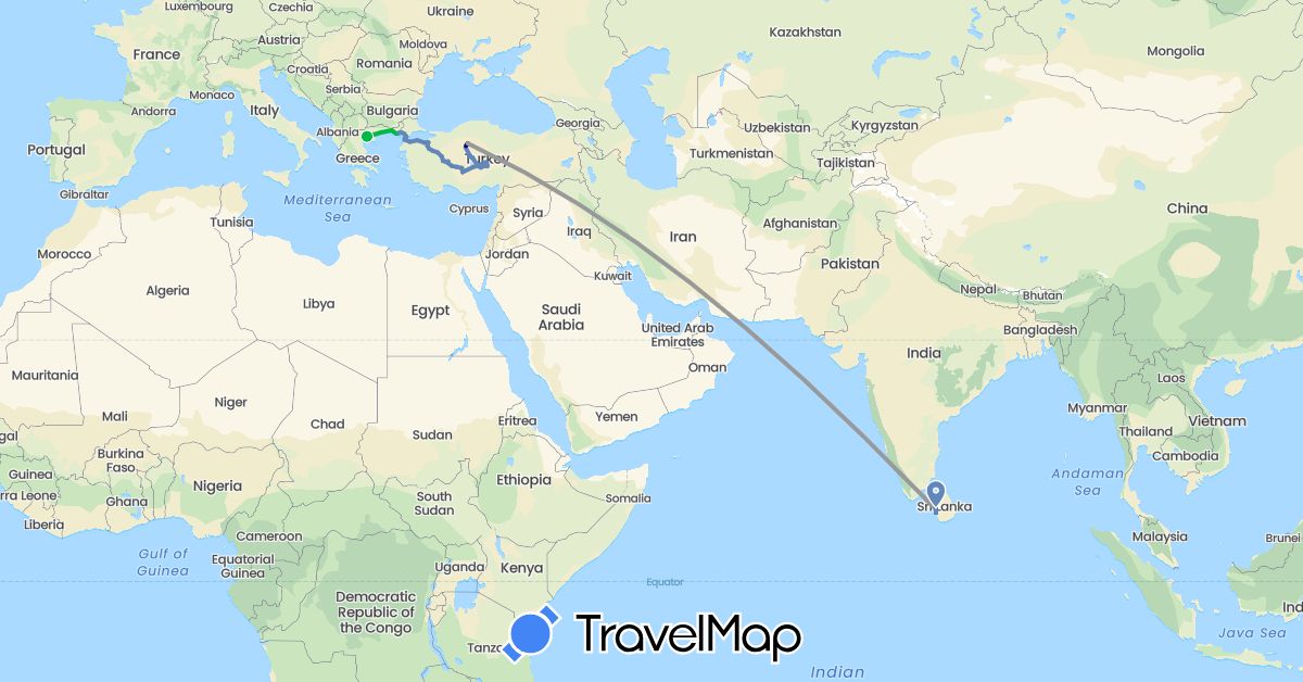 TravelMap itinerary: driving, bus, plane, cycling, hiking, boat in Greece, Sri Lanka, Turkey (Asia, Europe)